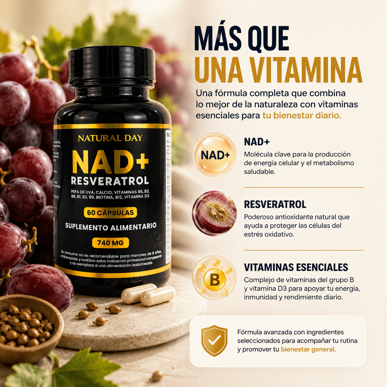 NAD + RESVERATROL 60 cap - Vitalidad para cada día