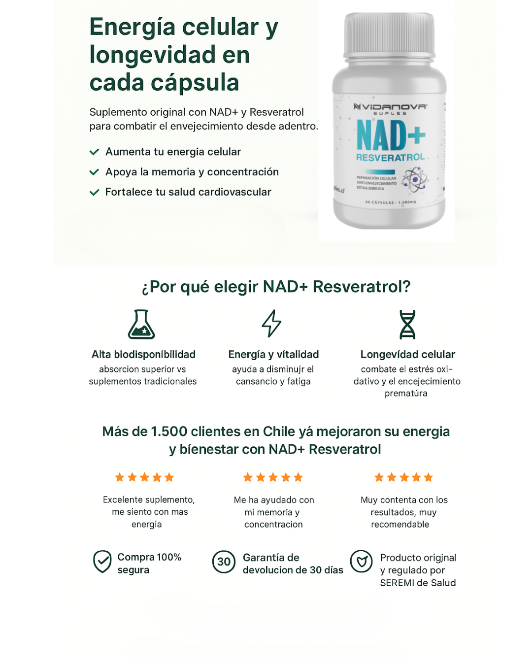 NAD+ Resveratrol   Energía Celular y Antienvejecimiento | 1000mg · 60 cáps